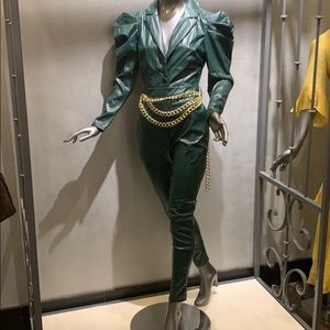 Green Jumpsuit Vegan Leather Puff Sleeves